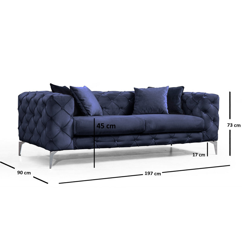Canapé moderne 2 places, bleu marine, 77,6 po x 27,6 po x 35,4 po | Structure en bois de hêtre et en carton, tissu 100% polyester | Comprend 2 coussins amovibles, des pieds en métal chromé et un coussin portatif | Élégant et confortable pour le salon