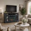 Meuble télé avec foyer électrique de style côtier, réglages de chaleur ajustables et étagères de rangement multimédia spacieuses.