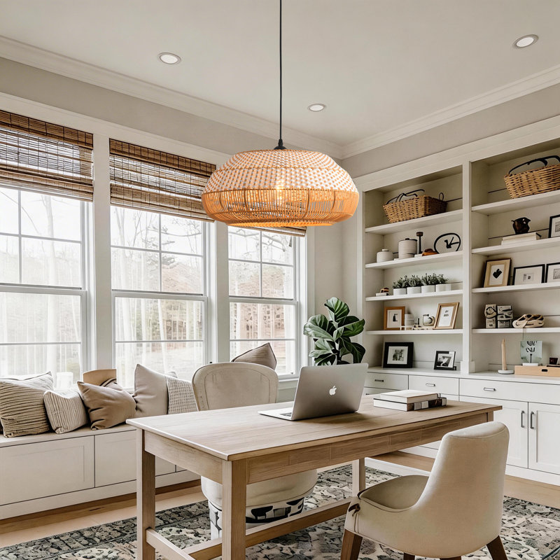 Rattan & Film Pendant Light, Mixed Materials Shade, Iron Frame, Adjustable Height, E27 Socket, 48 Cm Diameter, For Modern Rustic Interiors (Bulb Not Included)