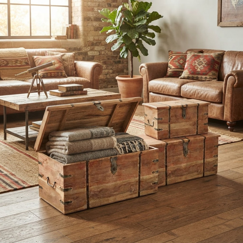 Vintage Woodmore Trunk Set Storage Chests - Hand Finished Iron Fittings Vintage Inspired Accent Furniture for Living Room Home