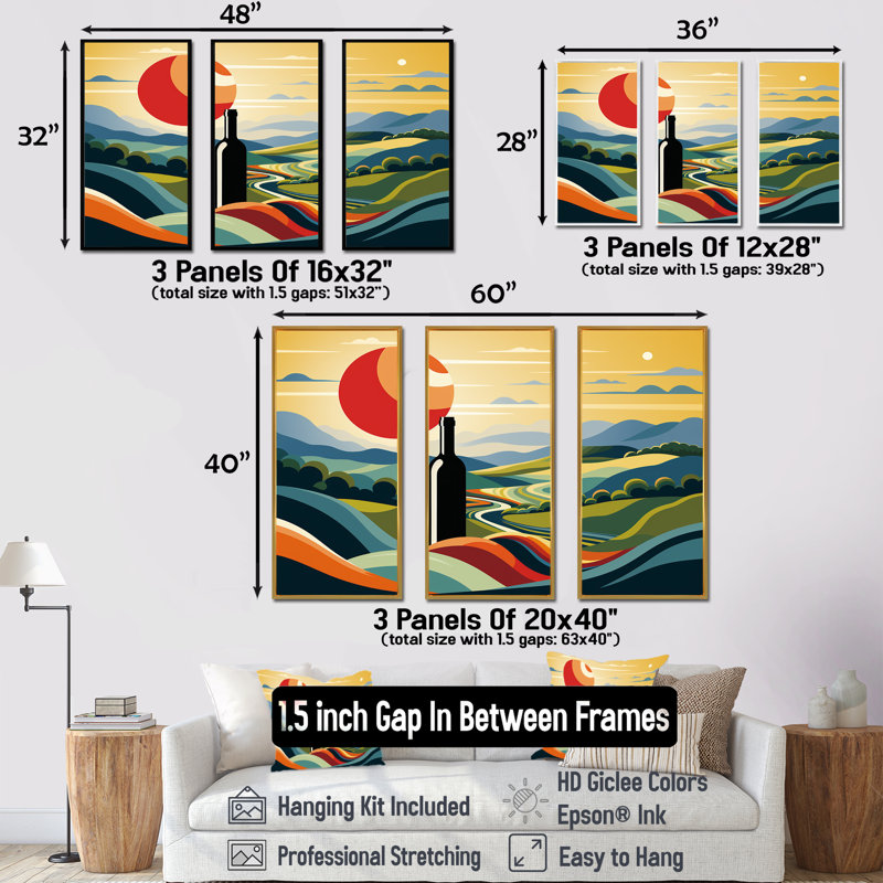 Bouteilles de vin dans des paysages italiens I - Art mural vin, Cadre flottant blanc, H 32 po x l 48 po