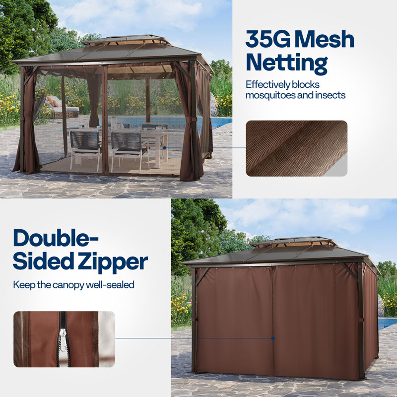 10x13 Brown Aluminum Patio Gazebo with Polycarbonate Roof