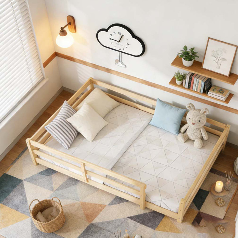 Lit sur pied, lit sur pied avec clôture Montessori, Lit double, Chêne