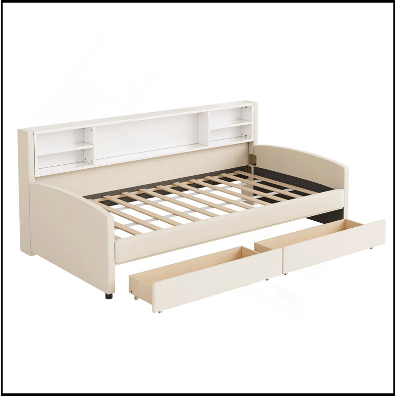 Lit plateforme simple tapissier avec rangement et tiroirs, Beige