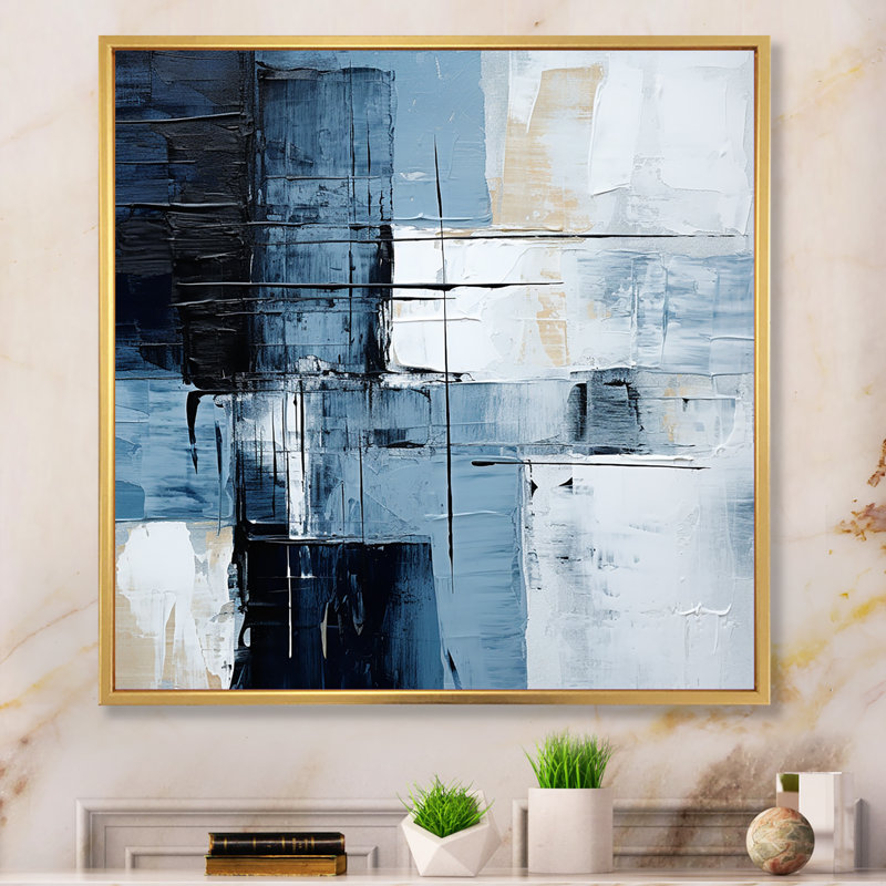 Bleu et beige, modernité scandinave, art mural abstrait, salon, Cadre flottant doré, H 24 po x l 24 po