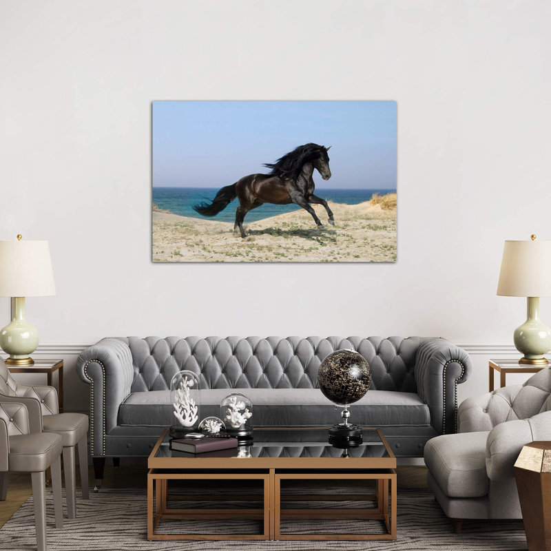 Black Horse On The Beach by Bob Langrish - Print on Canvas, 66.04 cm H x 45.72 cm W x 1.91 cm D, Wrapped Canvas