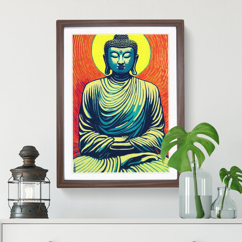 Buddha And The Sun - Single Picture Frame Print, 46cm H x 34cm W x 2cm D, Walnut