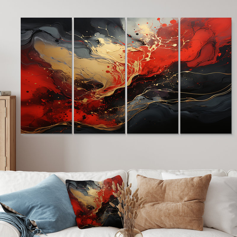 «Red and Gold Marble Volcano II», peinture abstraite, art mural 4 pièces pour le salon, H 28 po x l 48 po
