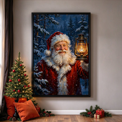 Santa Claus Smiling with a Lantern, Framed Canvas Wall Art, Black Frame, 16 x 24 Inch