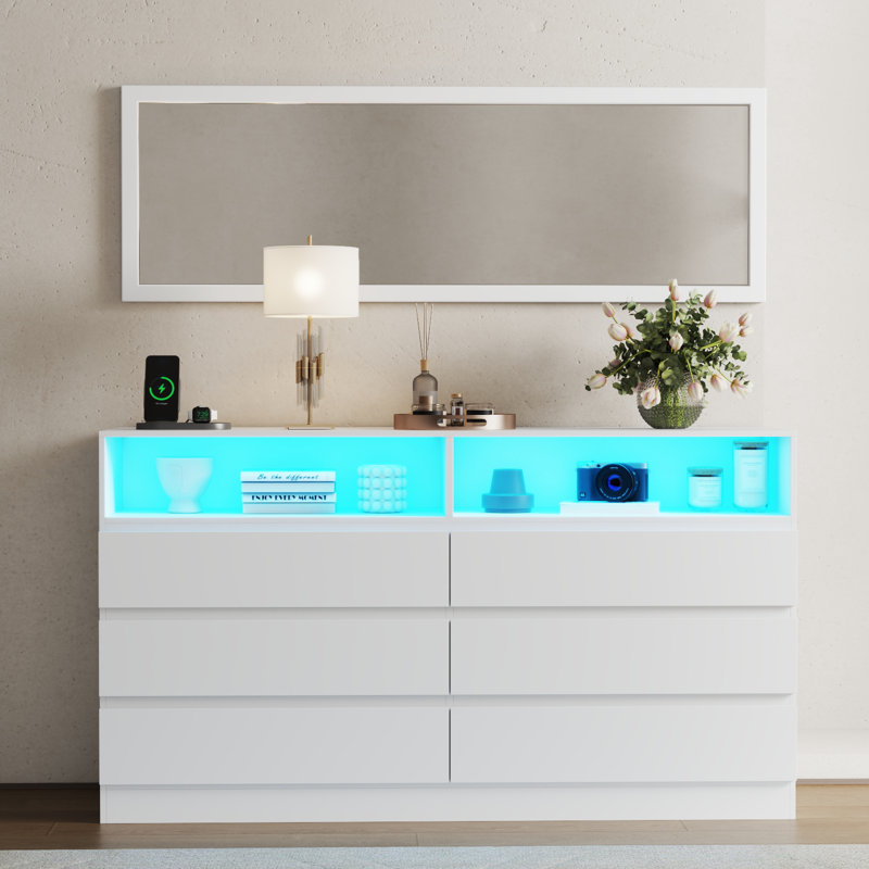 Commode blanche moderne pour chambre à coucher avec miroir pleine longueur 48 po x 16 po, armoire de rangement avec prise de courant, commode 6 tiroirs avec éclairage à DEL et station de charge (blanc)