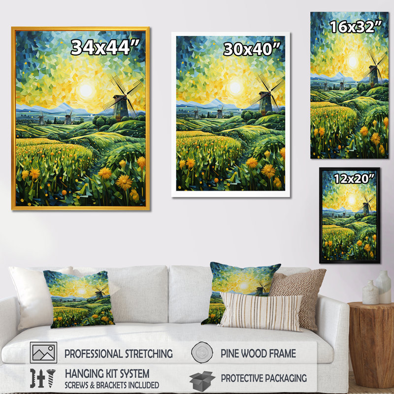 «Green Calm Windmill Meadows - Wind Turbines», art mural, Cadre flottant blanc, H 40 po x l 30 po x P 1,5 po