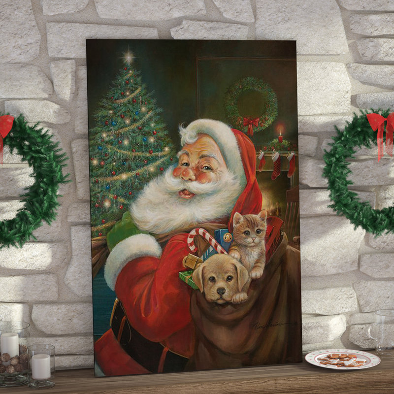 «Santa Claus», reproduction d'art sur toile, H 32 po x l 24 po x P 1 po, Papier avec cadre noir, Blanc