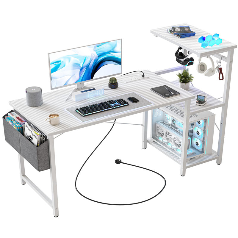 Metal Base Computer Desk with Power Outlet, White