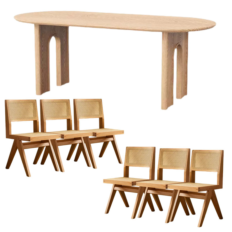 Solid Wood Top Double Pedestal Dining Set, Table, 6 Chairs, 29.52" H x 35.43" W x 86.61" L