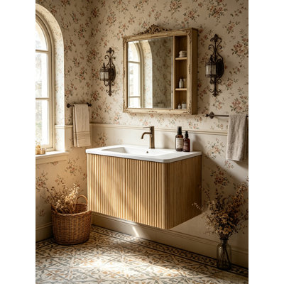 Meuble-lavabo flottant avec lavabo en céramique et tiroir à ouverture par pression