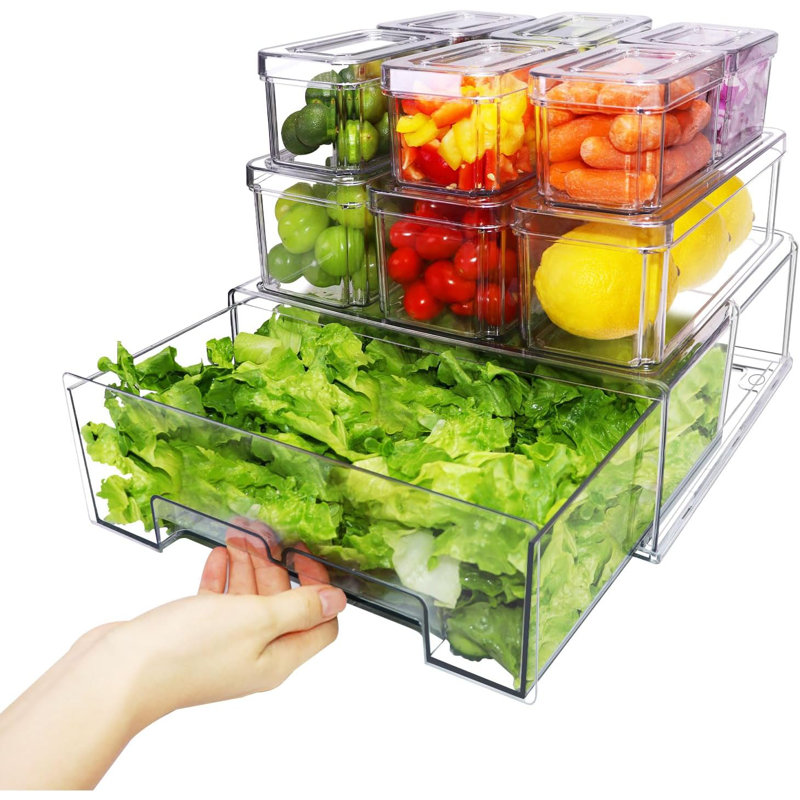 Ensemble de 10 bacs de rangement pour réfrigérateur sans BPA - empilable avec tiroir coulissant pour fruits, légumes et boissons