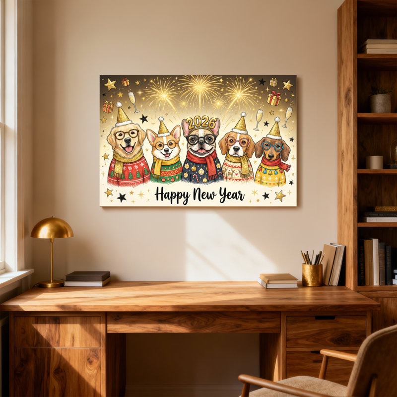 Animaux cinq chiens en tenue de fête pour célébrer le Nouvel An, H 12 po x l 18 po