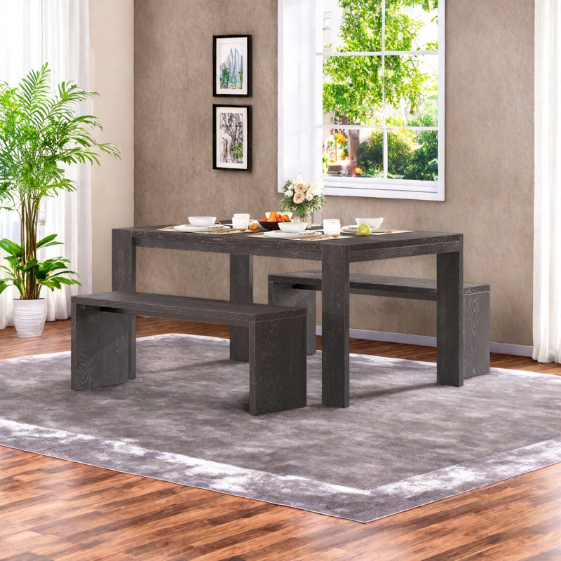 Ensemble de salle à manger 3 pièces de style campagnard simple, table de salle à manger et 2 bancs, pour la salle à manger, la cuisine et le salon