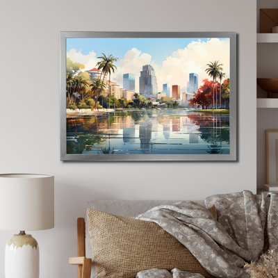 «Skyline of Modern Florida City Watercolor», reproduction sur toile