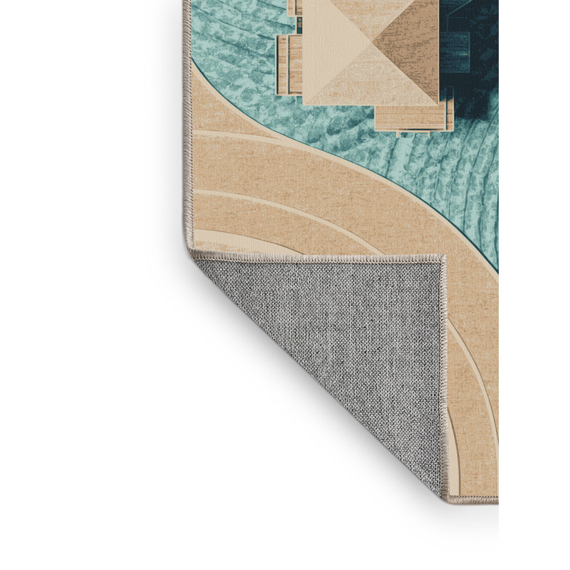 Machine Washable Orsolya Tahiti Overwater Bungalows Posh & Luxe Arc Rug in Beige – Beige Binding, 8x12