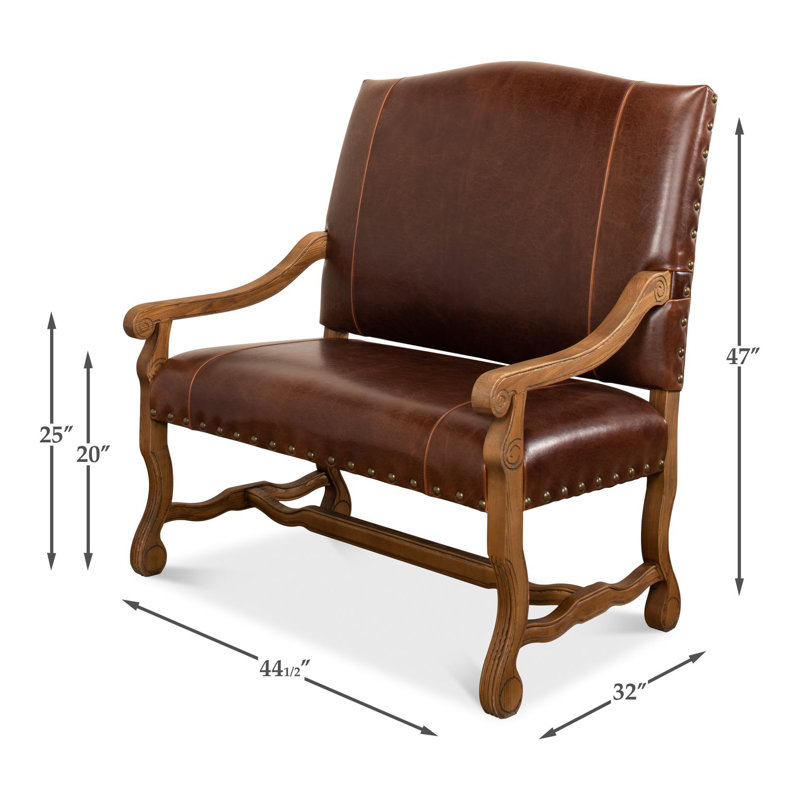 Brown Leather Traditional Settee with Nailhead Trim