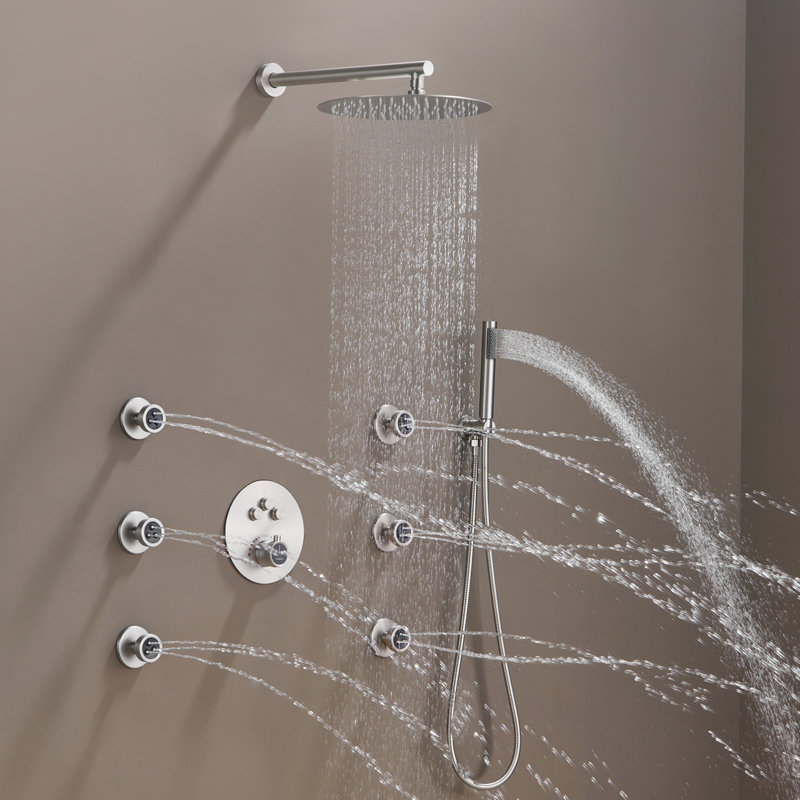Thermostatic Rainfall Shower System with Rough in-Valve and Shower Body Spray, Brushed Nickel