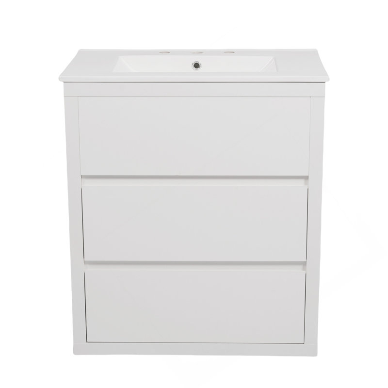 Meuble-lavabo 30 po avec lavabo en céramique et 2 tiroirs pleine extension, meuble-lavabo autoportant avec poignée libre à 45 °, glissières de tiroir à fermeture en douceur, blanc
