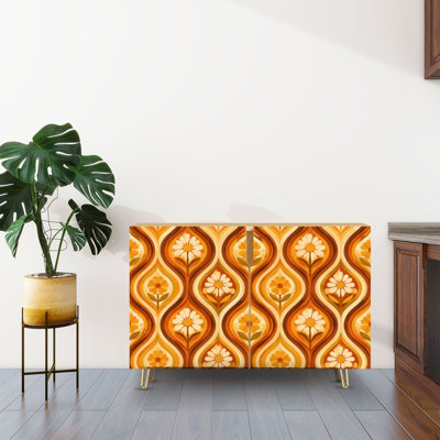 Sideboard Buffet Cabinet with Storage Retro Floral Geometric Seamless Mustard Yellow Brown Mid Century Style with 2 Doors for Living Room and Kitchen