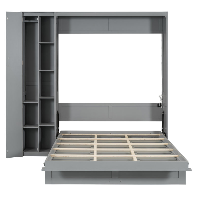 Lit escamotable avec tête de lit éclairée, armoire et tablettes, Gris, Grand