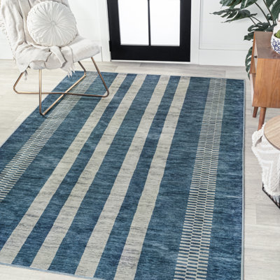 Ventress Geometric Striped Machine-Washable Blue/Cream Rug