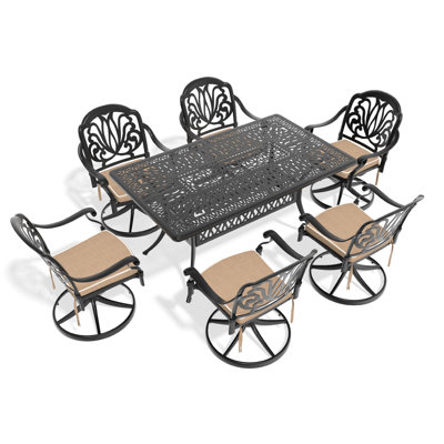 Table de salle à manger en fonte d'aluminium toutes saisons 7 - structure noire, 6 chaises rotatives et table rectangulaire, mobilier de jardin élégant,, assise confortable et protégée, 350 lb par chaise, poids de 160 lb