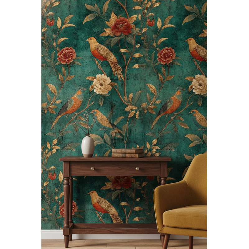 Papier peint rétro à motif floral oiseaux