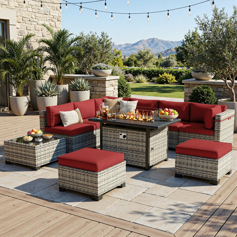 10-Piece Outdoor Patio Conversation Set With 55,000 BTU Propane Fire Pit Table, Wicker Sectional Sofa, 2 Ottomans & Coffee Table