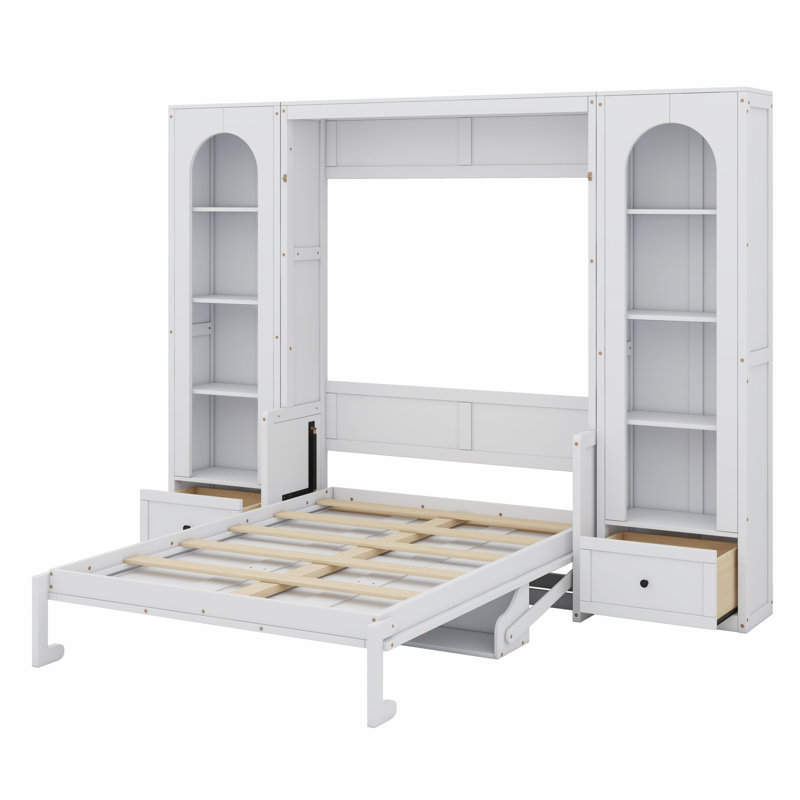 Lit plateforme avec tablette Murphy, armoires latérales, tiroirs et DEL Murphy, Blanc