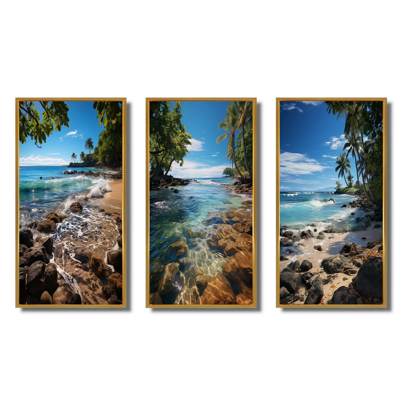«Beach Photo Tropical Paradise», 3 pièces sur toile, Encadrement doré, H 32 po x l 48 po