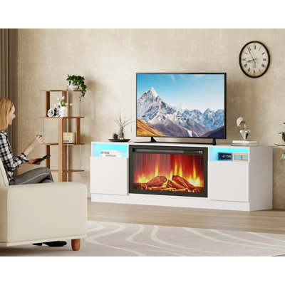 Meuble télé pour téléviseur de 75 po, centre de divertissement moderne avec rangement et foyer de 36 po (non inclus)