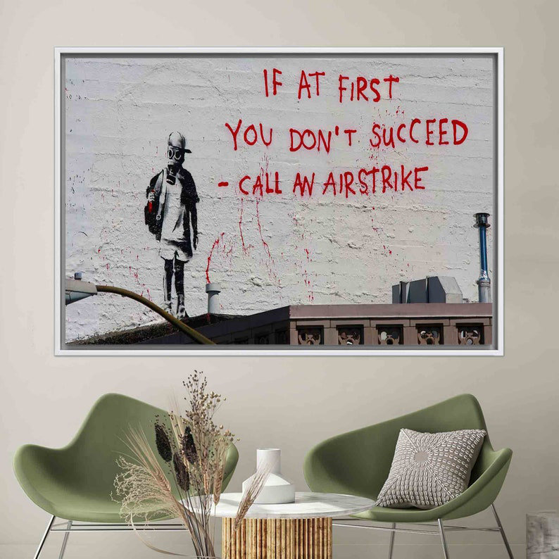 Banksy Call an Airstrike Graffiti Wall Art - affiche 3D moderne pour décoration murale, H 26 po x l 37 po, Blanc