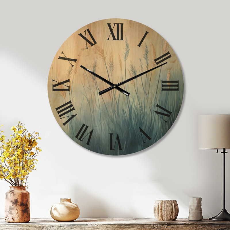 Horloge murale surdimensionnée de style bohème Misty Pampas Plumes I, imprimée sur bois, Grand