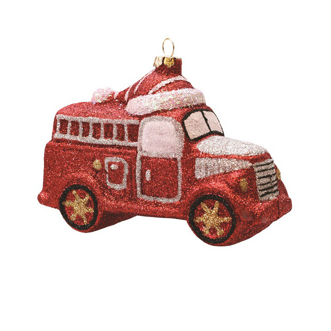Ornement de Noël en forme de camion de pompier incassable rouge et argent 4,75 po