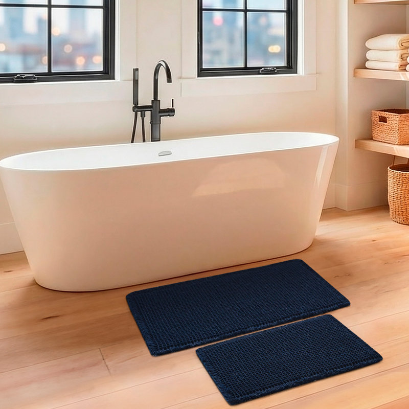 Lucky Brand Taylor Solid Waffle Weave Bath Rug Set, Dark Blue