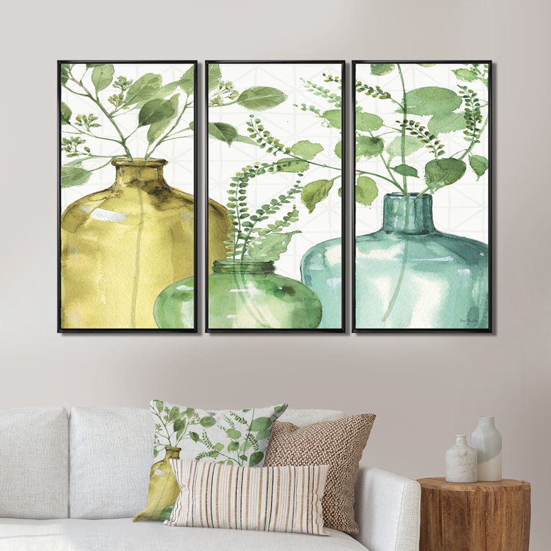 Mixed Botanical Green Leaves, H 28 po x l 36 po x P 1 po, Cadre noir