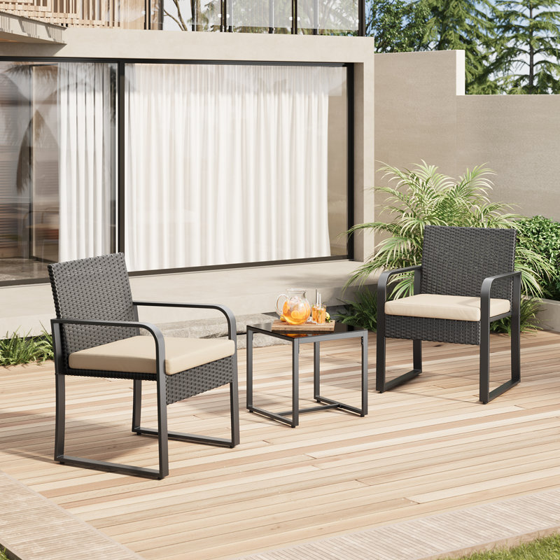 Wicker 2-Person Patio Conversation Set with Cushions & Coffee Table, Beige