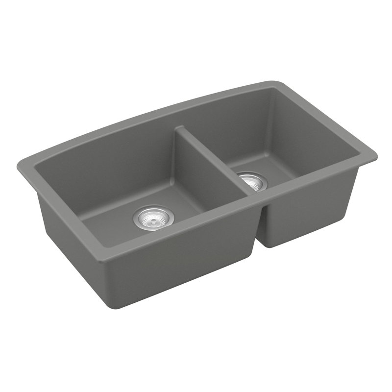 Karran Quartz 32'' X 19-1/2'' Double Bowl 60/40 Undermount Kitchen Sink Kit, Gray