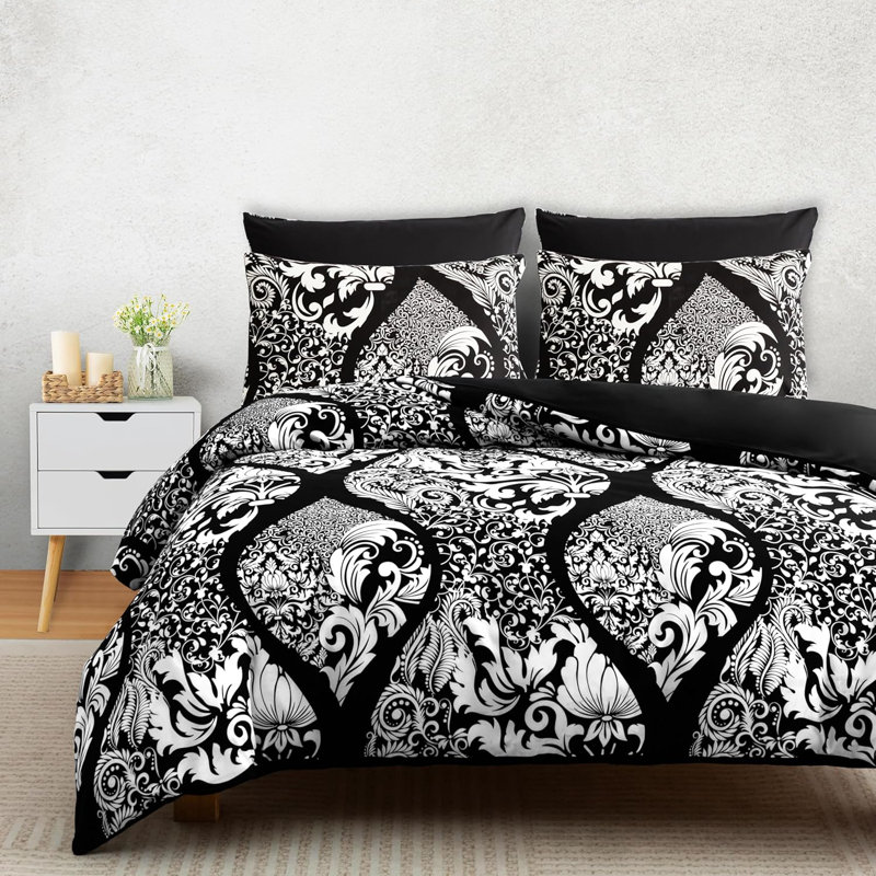 Microfiber Floral Duvet Cover Set, Single (135cm x 200cm), Black & White