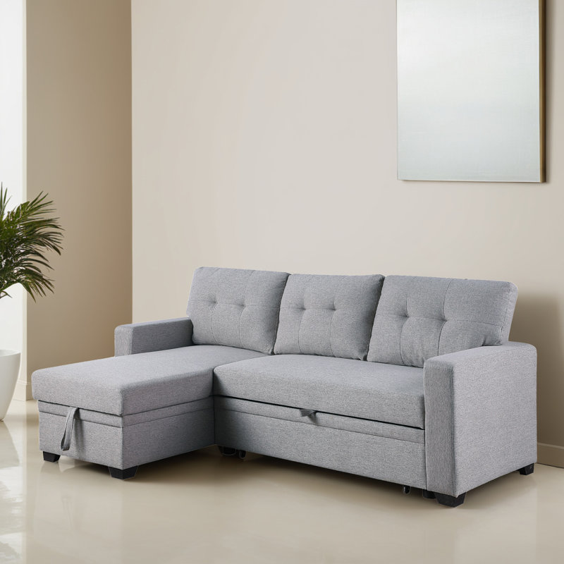 82.03" Pull Out Reversible Sleeper Sectional Sofa Bed with Storage Chaise, Light Gray Linen