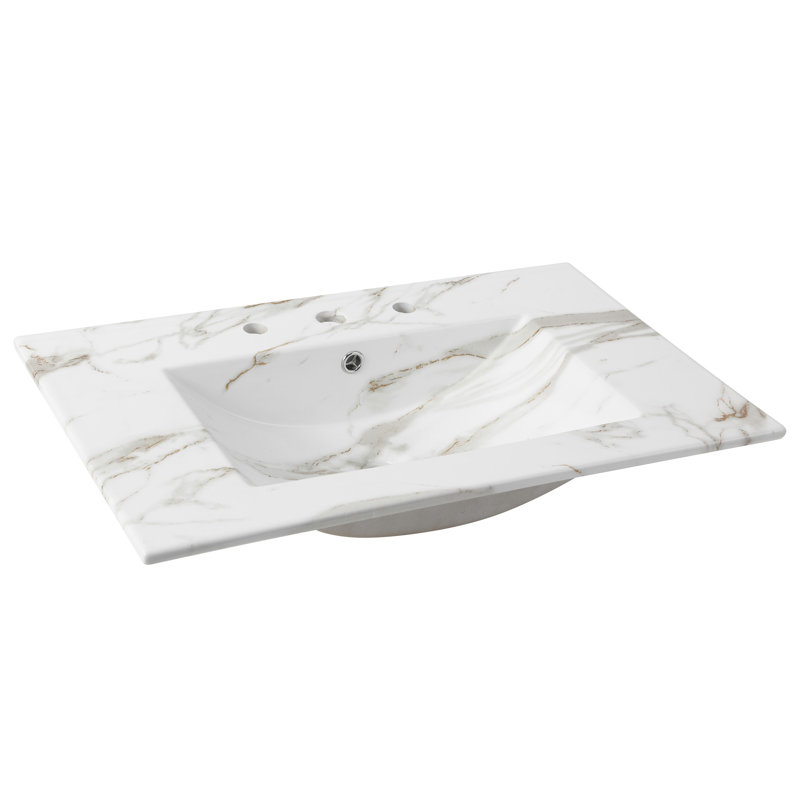 Ancillary 3-Hole 30 in. W x 18.25 in. D Classic Contemporary Rectangular Glossy Ceramic Single Sink Basin Bathroom Vanity Top, White Marble Effect