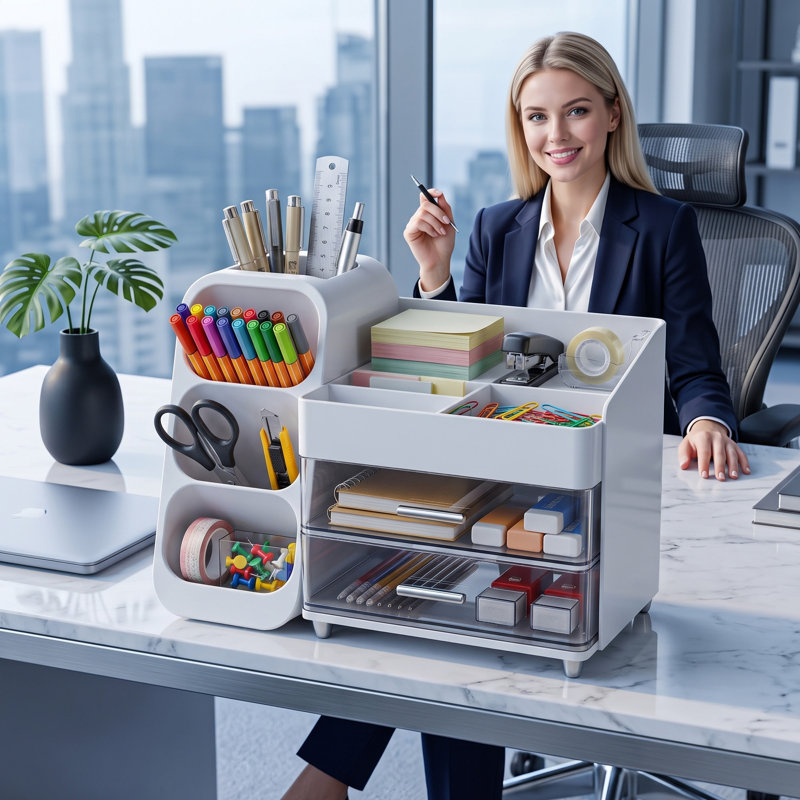Organiseur de bureau avec porte-stylos et porte-crayons, rangement de bureau avec 2 tiroirs et 4 compartiments, organisateur de fournitures de bureau en plastique blanc, idéal pour le bureau, la maison et l'école.