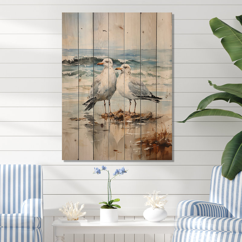 Abstract Beach Seagulls In Love On Wood Print, 32" H x 24" W x 0.78" D