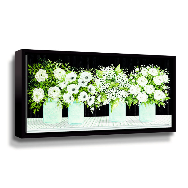 Mason Jar Florals sur toile, H 12 po x l 24 po x P 2 po, Cadre flottant noir