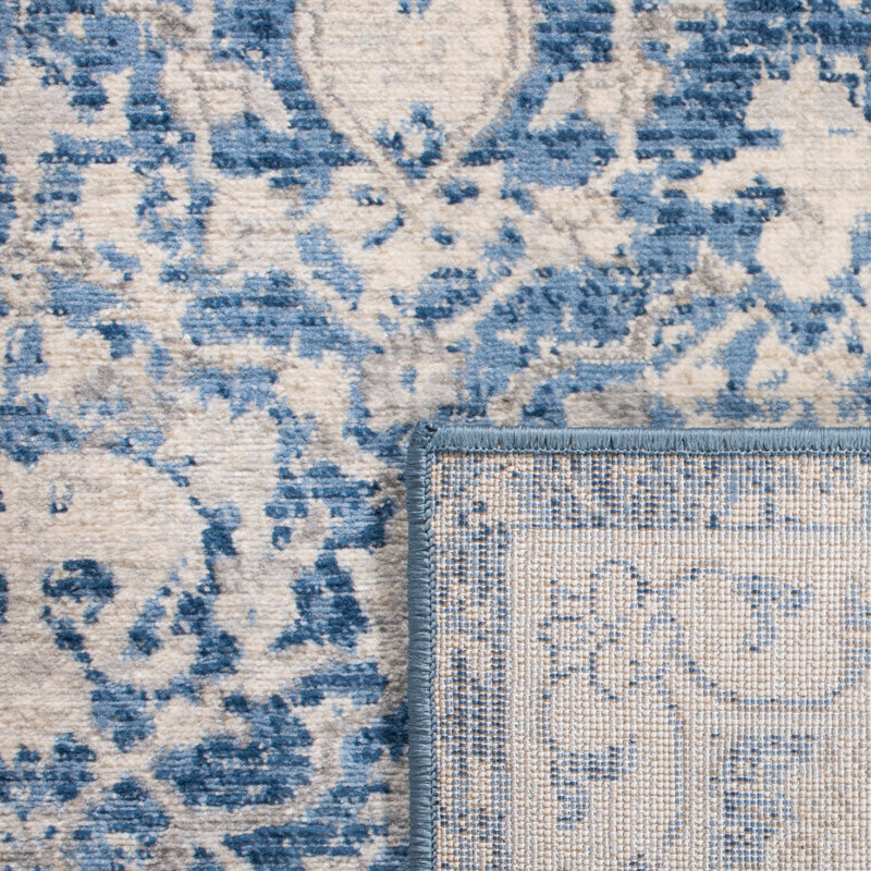 Navy and Creme Rectangular Oriental Synthetic Rug